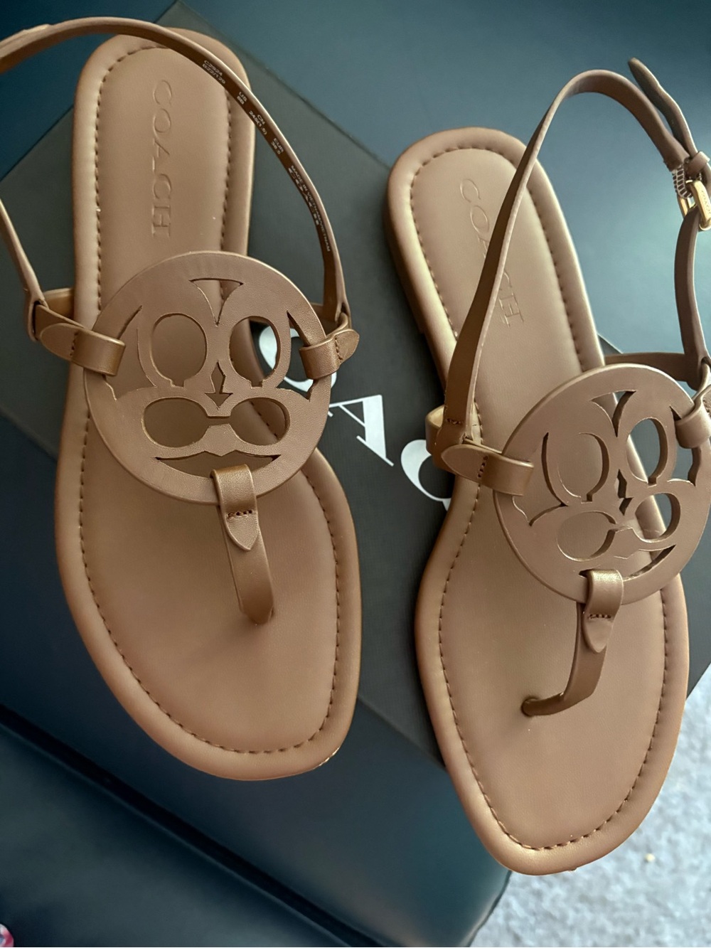 Coach Women's Tan Logo Cutout Thong Sandals